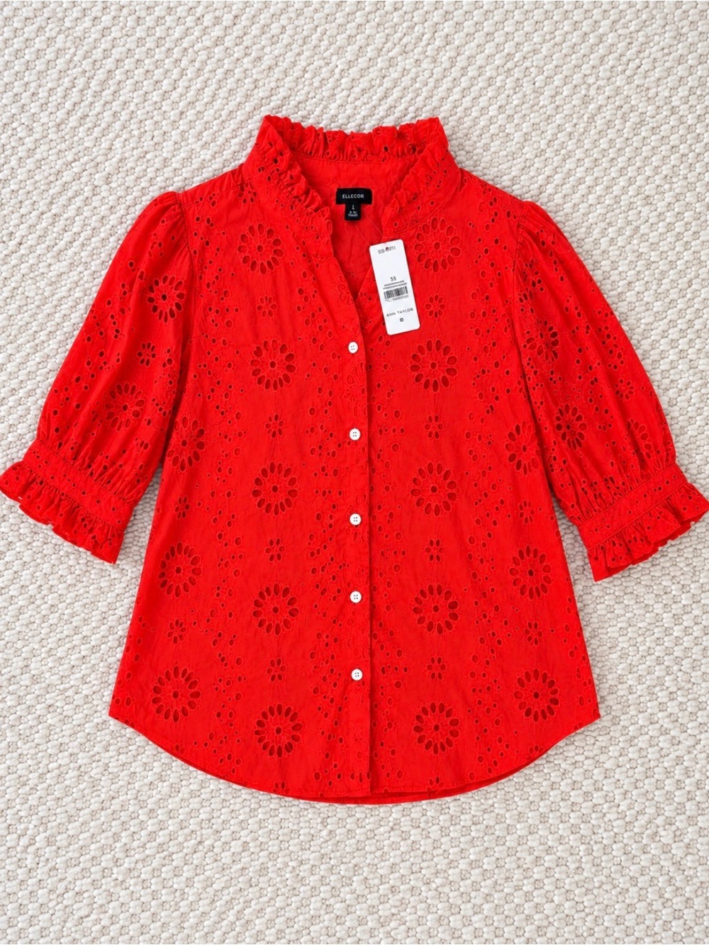 NWT Ann Taylor Red Eyelet Ruffle Blouse Size XS $98